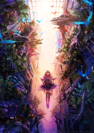 an illustration of lady with long hair and a purple dress calmly levitating in the narrow gap between two tall buildings reclaimed by nature, with a broken glass canopy high above and a purple abyss below with some giraffes down there; green foliage is taking over the walls, which are also home to some dinosaur fossils, some nice shelves and trinkets, a couple large fish tanks, and dozens of birds, some bright blue and some red