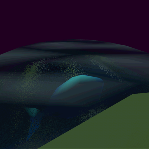 In a pond that borders a purple void, a polygonal fish points its head above a layer of suspended algae.