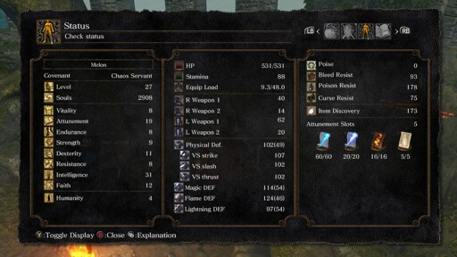A screenshot of my character's sheet in Dark Souls: they are at 27 level, with the default sorcerer stats except for Intelligence (30), Faith (12) and Attunement (19). She belongs to the Chaos Servant covenant, and has a few basic offensive spells as well as the basic Heal miracle.