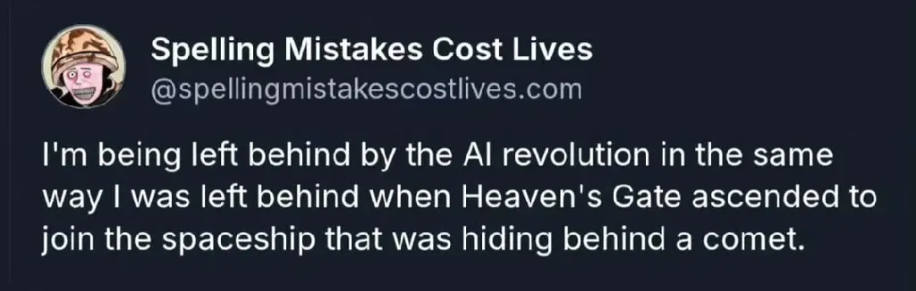 Darren Cullen: "I'm being left behind by the AI revolution in the same way that I was left behind when Heaven's Gate ascended to join the spaceship that was hiding behind a comet"