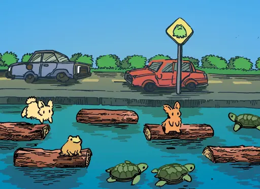 Two bunnies leap across a bunch of logs drifting in a canal, full of turtles, evoking the arcade game "frogger". Behind them is a lane of cars driving by, which they have already passed, and  a "frog crossing" sign.