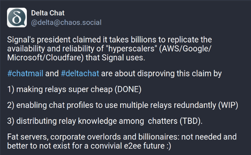 Delta chat criticism against Signal