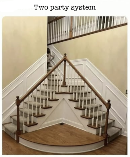 Picture of bifurcated stairway entrance leading to the same place, with text, "two party system". 