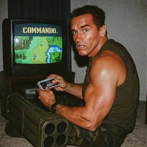 Arnold Schwarzenegger with his clothing and rocket launcher from the film 'Commando' but sat on the floor playing the Capcom video game 'Commando' on a Nintendo Entertainment System 