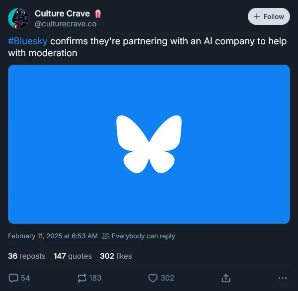 &quot;#Bluesky confirms they&#39;re partnering with an AI company to help with moderation&quot;