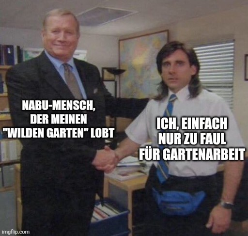 Handschlag zweier Personen. Die linke schaut anerkennend und würdigend, ist betitelt mit "NABU-Mensch, der meinen 'wilden Garten' lobt".

Die rechte Person sieht verwirrt aus ob der Würdigung und ist betitelt mit " ich, einfach nur zu faul für Gartenarbeit".
