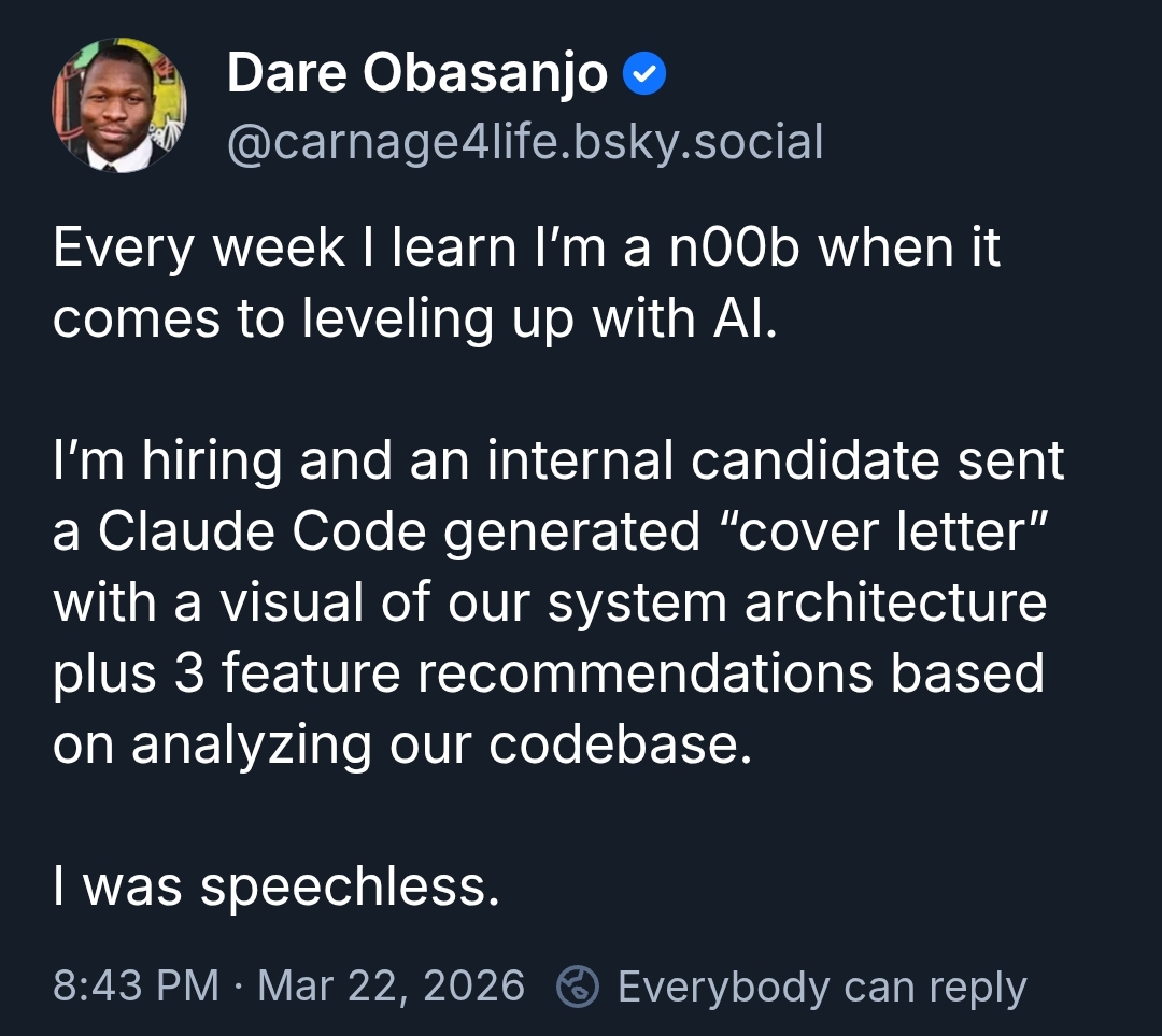 Dare Obasanjo
@carnage4life.bsky.social
Every week I learn I'm a n00b when it comes to leveling up with Al.
I'm hiring and an internal candidate sent a Claude Code generated "cover letter" with a visual of our system architecture plus 3 feature recommendations based on analyzing our codebase.
I was speechless.