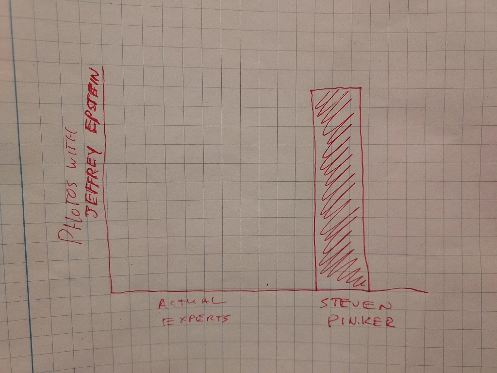 A crude bar graph. The vertical axis is &quot;Photos with Jeffrey Epstein&quot;. Along the horizontal are &quot;Actual Experts&quot; with none and &quot;Steven Pinker&quot; with a tall bar.